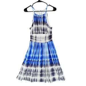 Maggy London Maxi Dress 6 Women Tie Dye Blue Gray Stripe Beach Resortwear Pocket